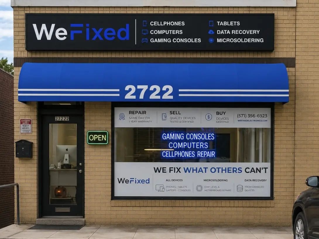 WeFixed storefront with the blue 2722 awning on Washington Boulevard in Arlington, Virginia