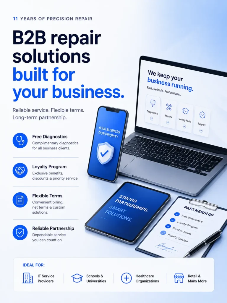 Laptop, smartphone, tablet, and service agreement representing WeFixed B2B electronics repair solutions