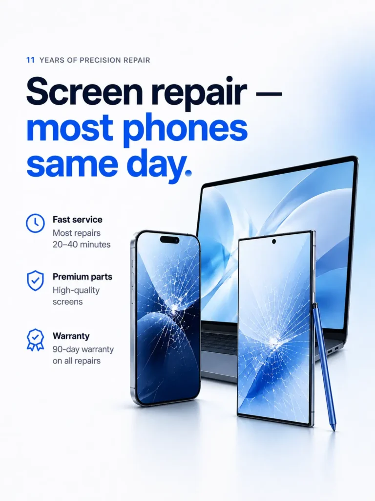 Cracked iPhone and Samsung Galaxy screens beside a laptop for same-day screen repair at WeFixed in Arlington, Virginia